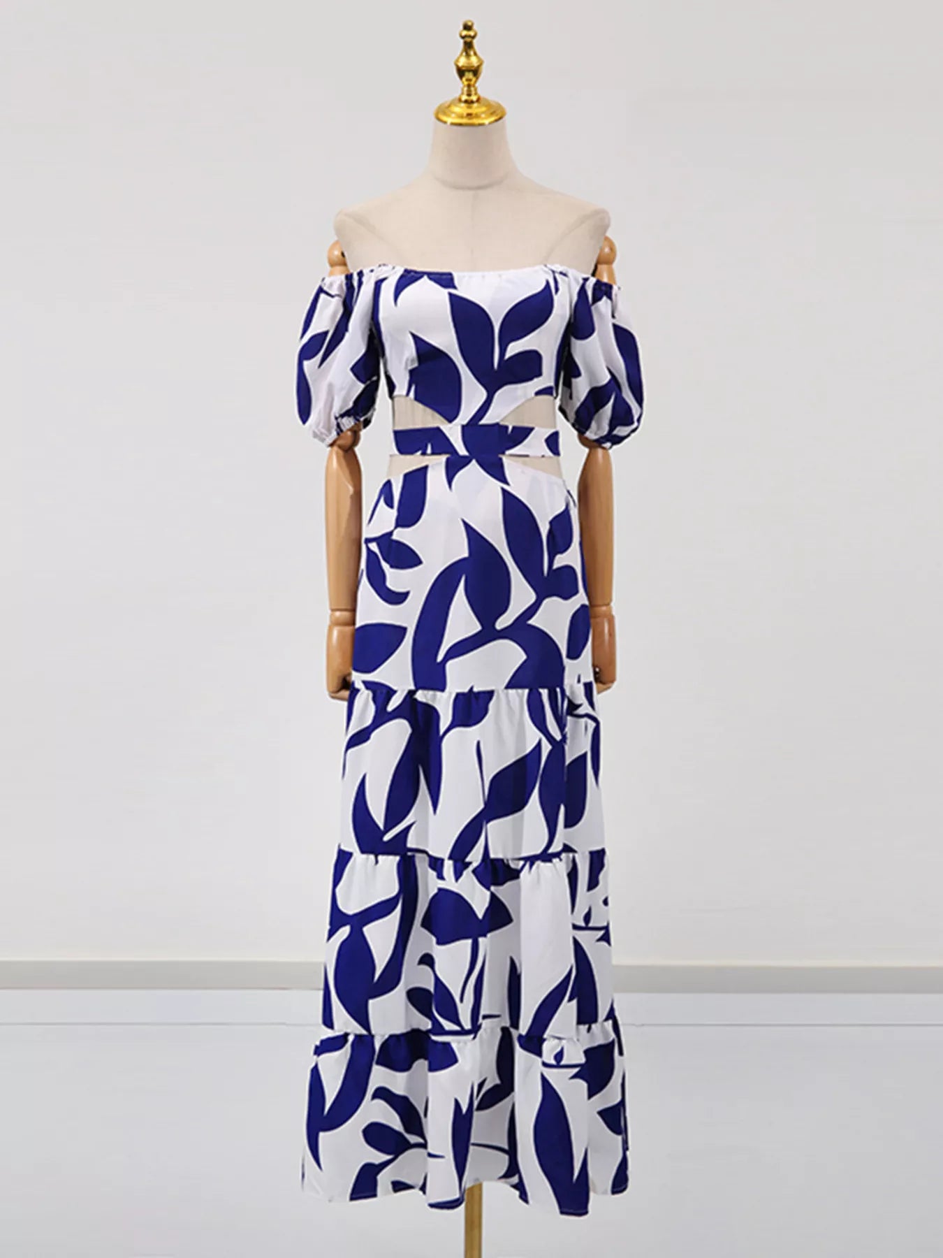 Off-Shoulder Cutout Leaf Print Maxi Dress Blue de046c32b1534ce7aab96fd13c182d6d-Max-Origin