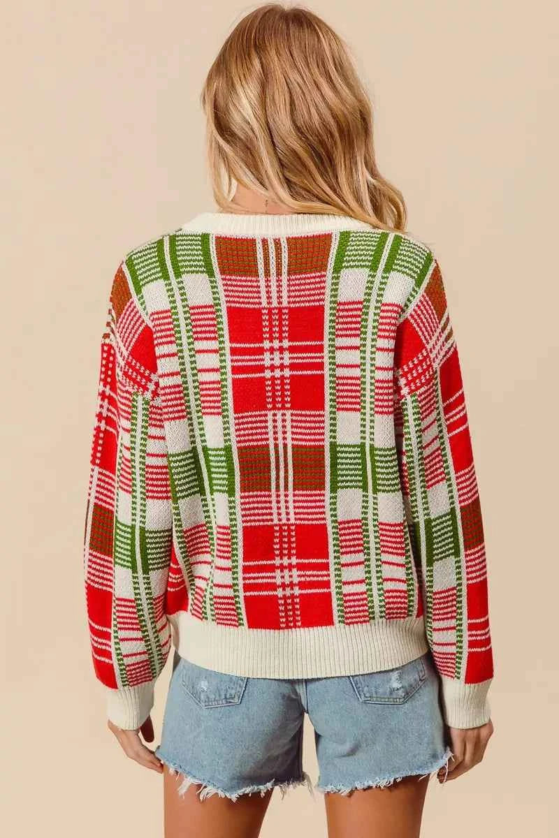 SO ME Christmas Color Checkered Plaid Crew Neck Sweater de07d05d2a7e4473b925fd9fc8f26531-Max-Origin