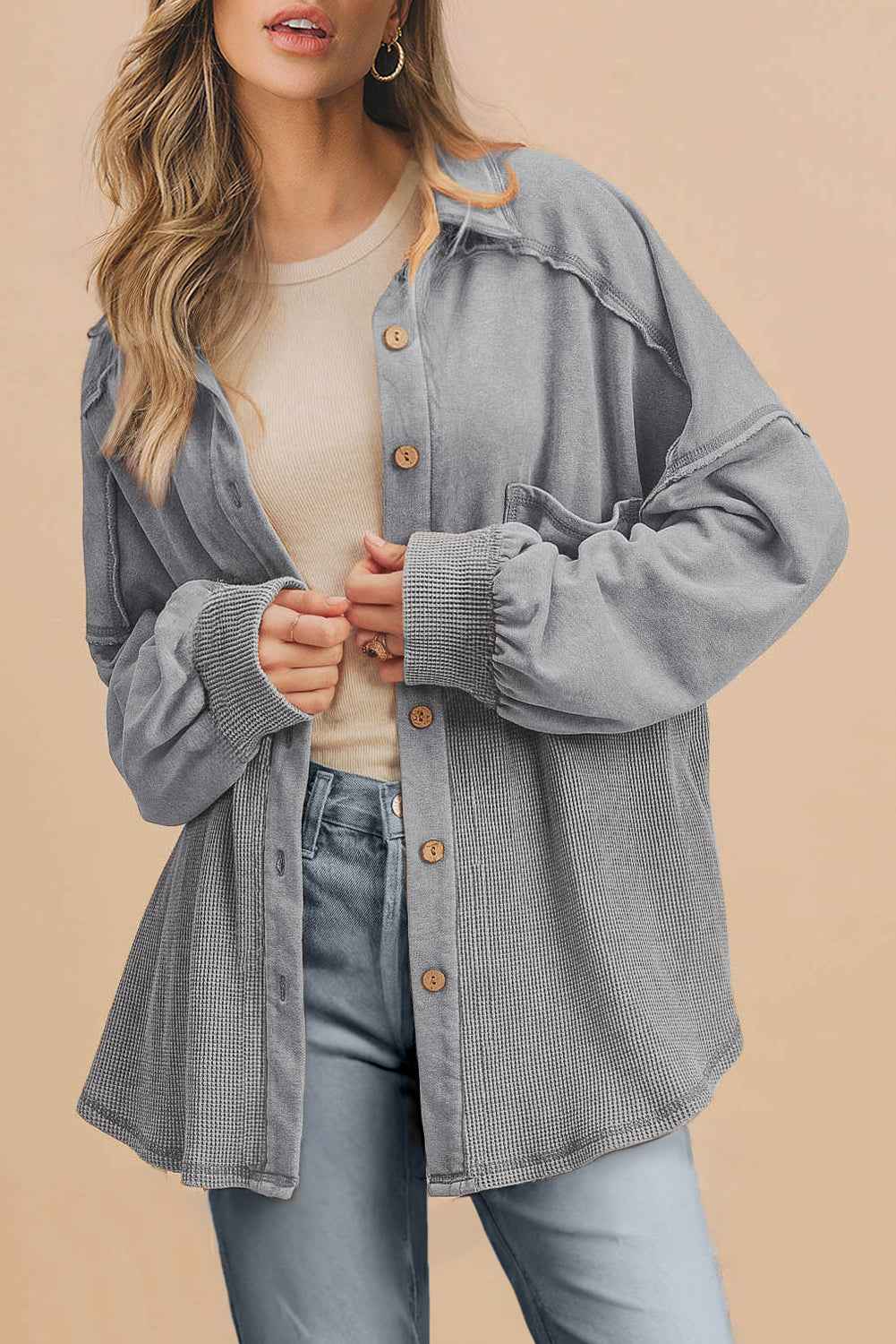 Medium Grey Waffle Knit Patchwork Exposed Seam Loose Shacket Medium Grey 65%Polyester+35%Cotton de09b530add3475d