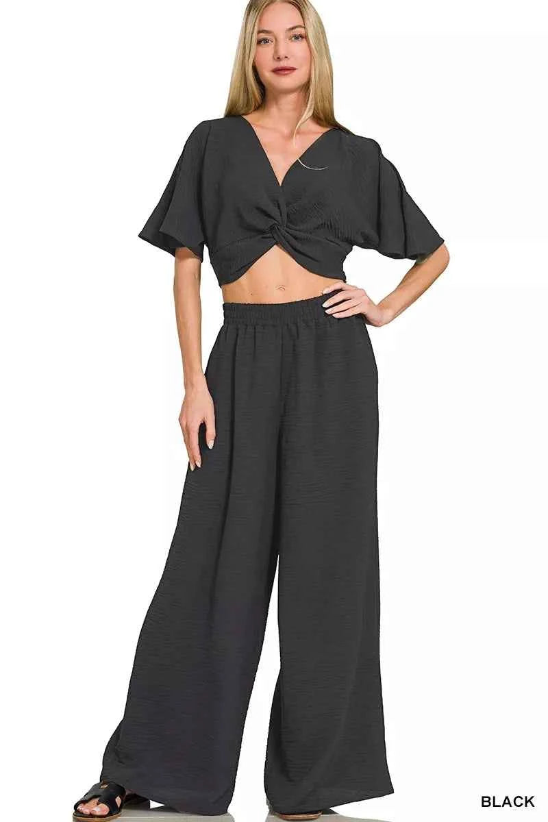 Zenana Woven Airflow Twisted Top & Wide Leg Pants Set BLACK de0ae5dcc7aa41c9a3de4081bf43bfd1-Max-Origin