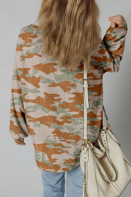Brown Retro Camouflage Print Exposed Seam Patchwork Drop Shoulder Sweatshirt de0ba119c3f7c5de