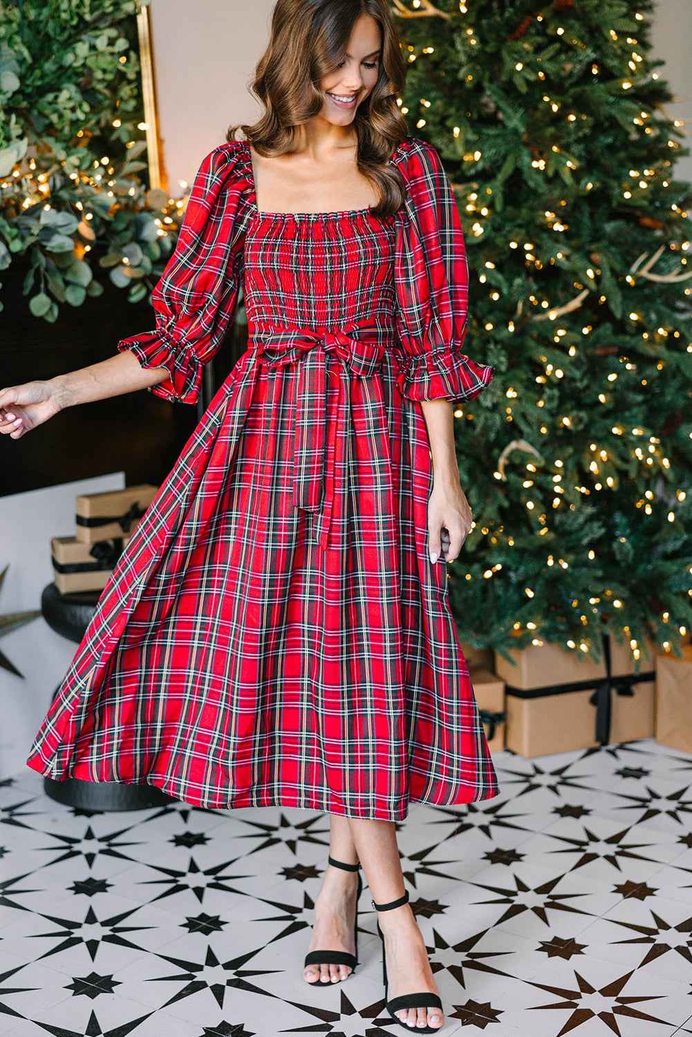 Red Plaid Square Neck Puff Sleeve Bowknot Waist Flared Midi Dress de178e0de62d3d60