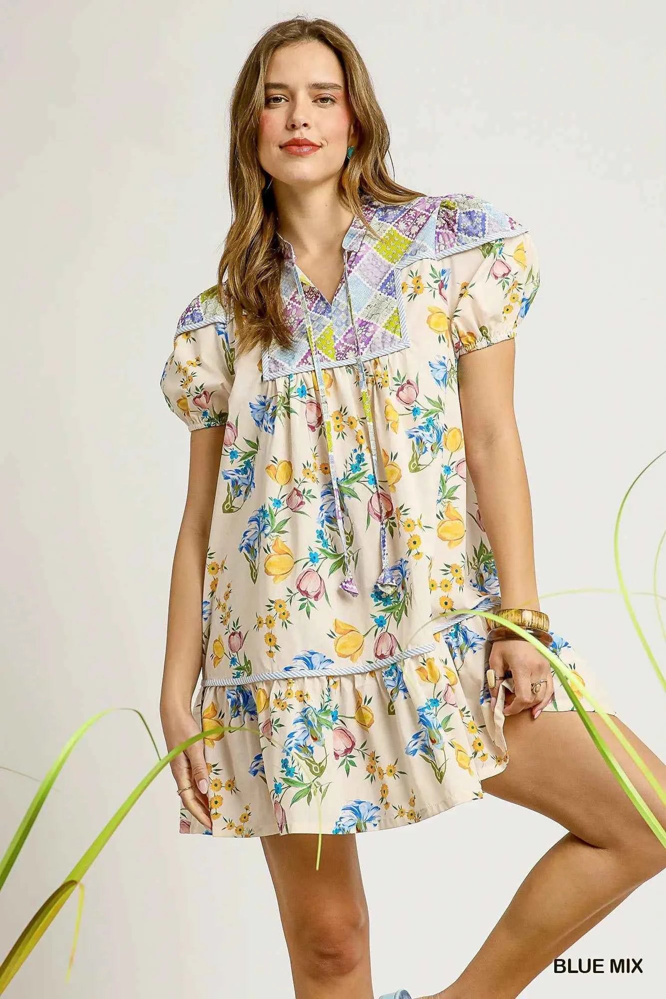 Umgee Floral Print Tie Neck Puff Sleeve Dress BLUE MIX de184f78-c017-4ed0-b559-2bb44ace3e04-Max-Origin