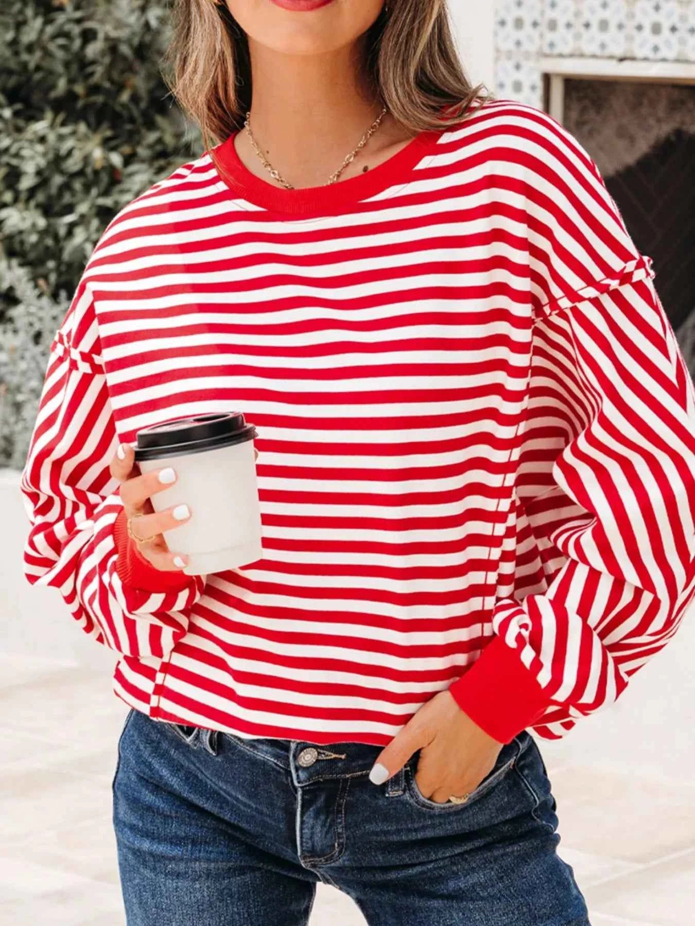 Stripe Exposed Seam Drop Shoulder Casual Top Strawberry de1989d3-dbea-420b-88ed-7c4819c7f351-Max-Origin