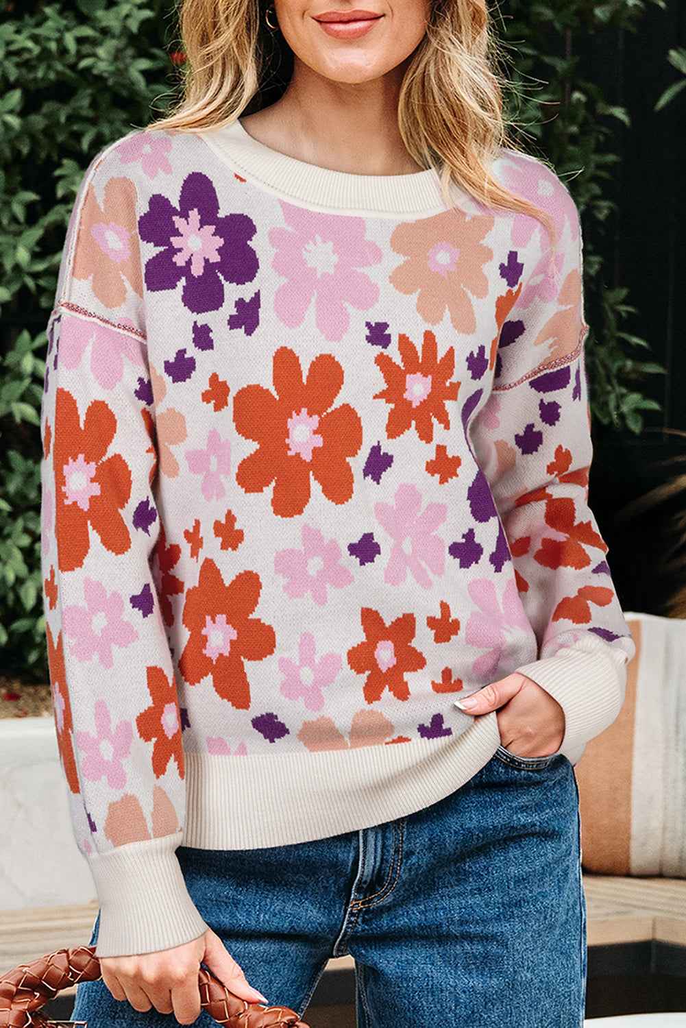 Khaki Vibrant Flower Round Neck Drop Sleeve Sweater Khaki 52%Viscose+26%Polyester+22%Polyamide de199fb73cd994e1