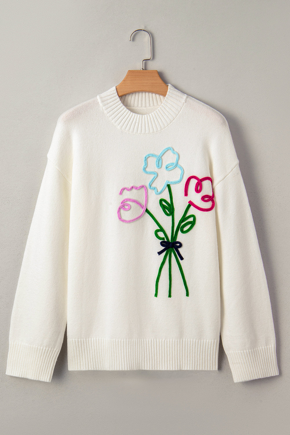 White Floral Embroidered Drop Sleeve Knit Sweater de1b18c6a685efaa