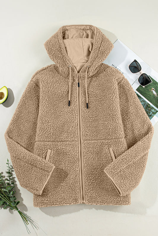 Pale Khaki Fleece Zip Up Drawstring Hooded Pocketed Jacket de211dc6c84c3e15