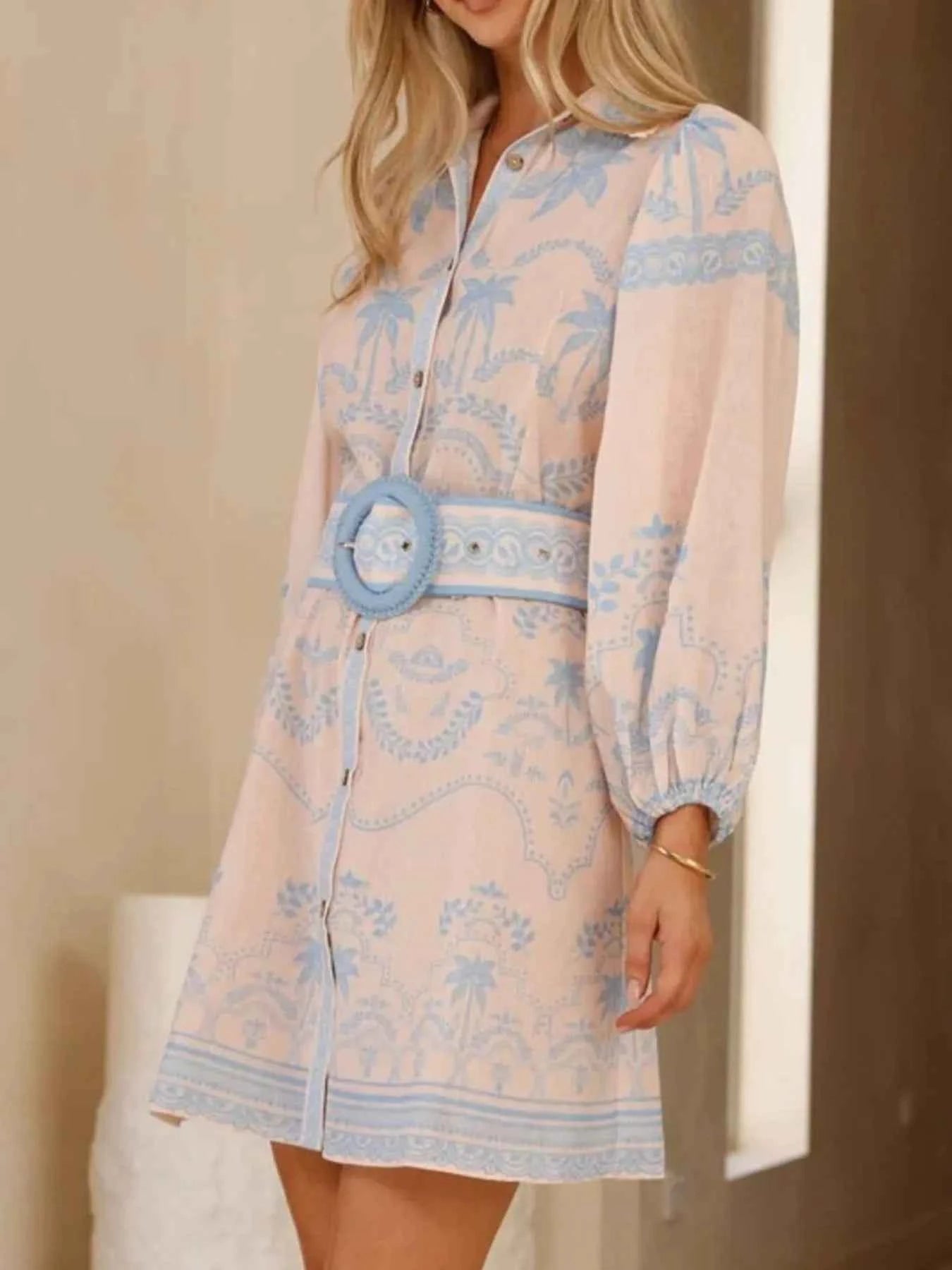 Printed Button Down Shirt Dress with Belt de22a07a-5b3c-47bb-bdc5-908566ddb081-Max-Origin