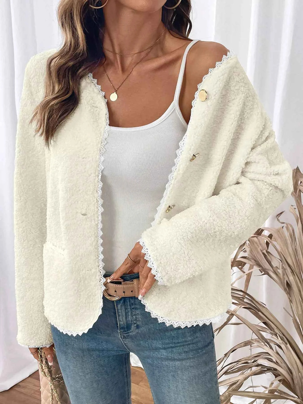 Lace Detail Button Up Long Sleeve Outerwear de2b8110f58741bcbed4d9c0a37c4cc3-Max-Origin
