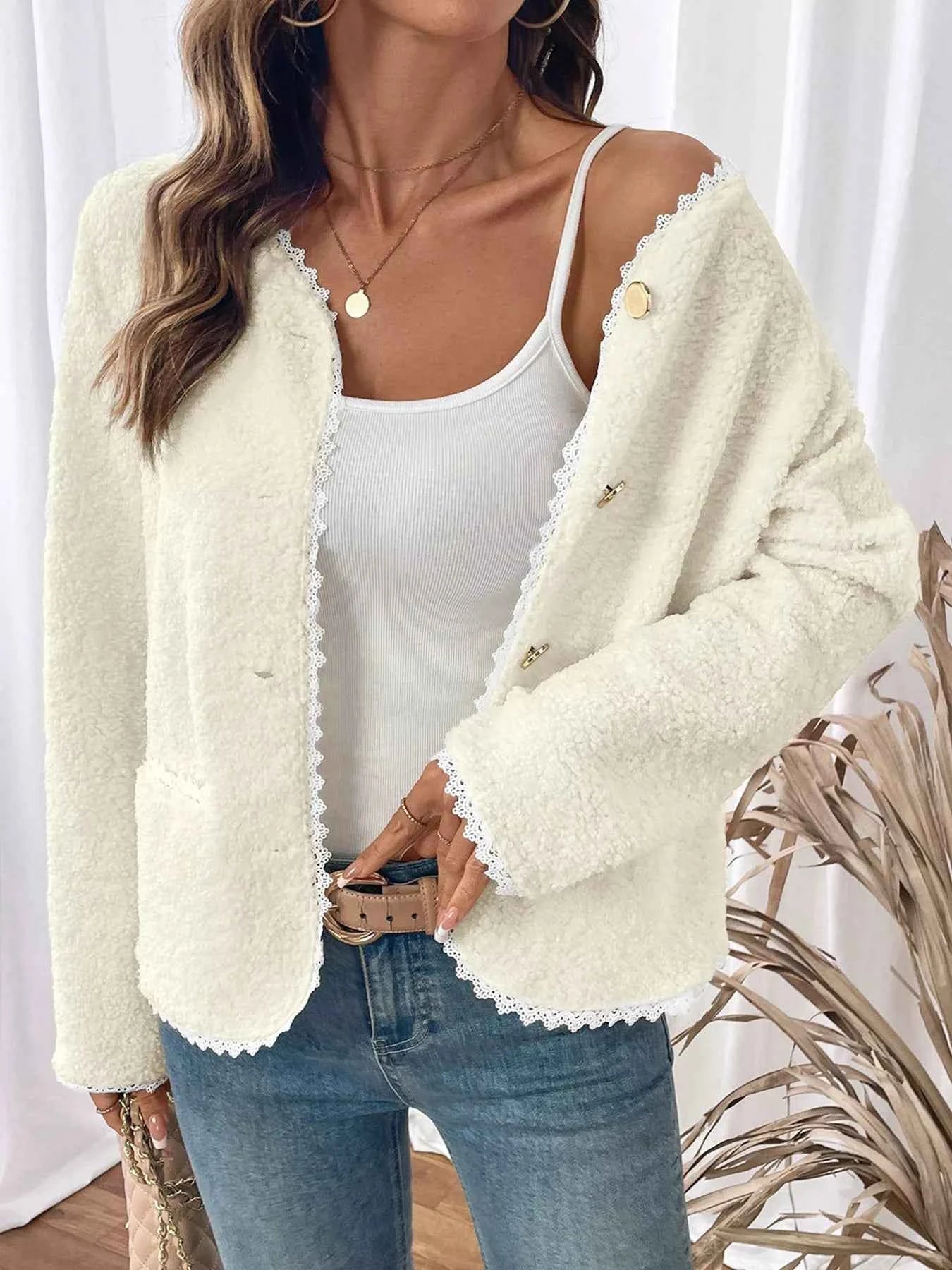 Lace Detail Button Up Long Sleeve Outerwear de2b8110f58741bcbed4d9c0a37c4cc3-Max-Origin
