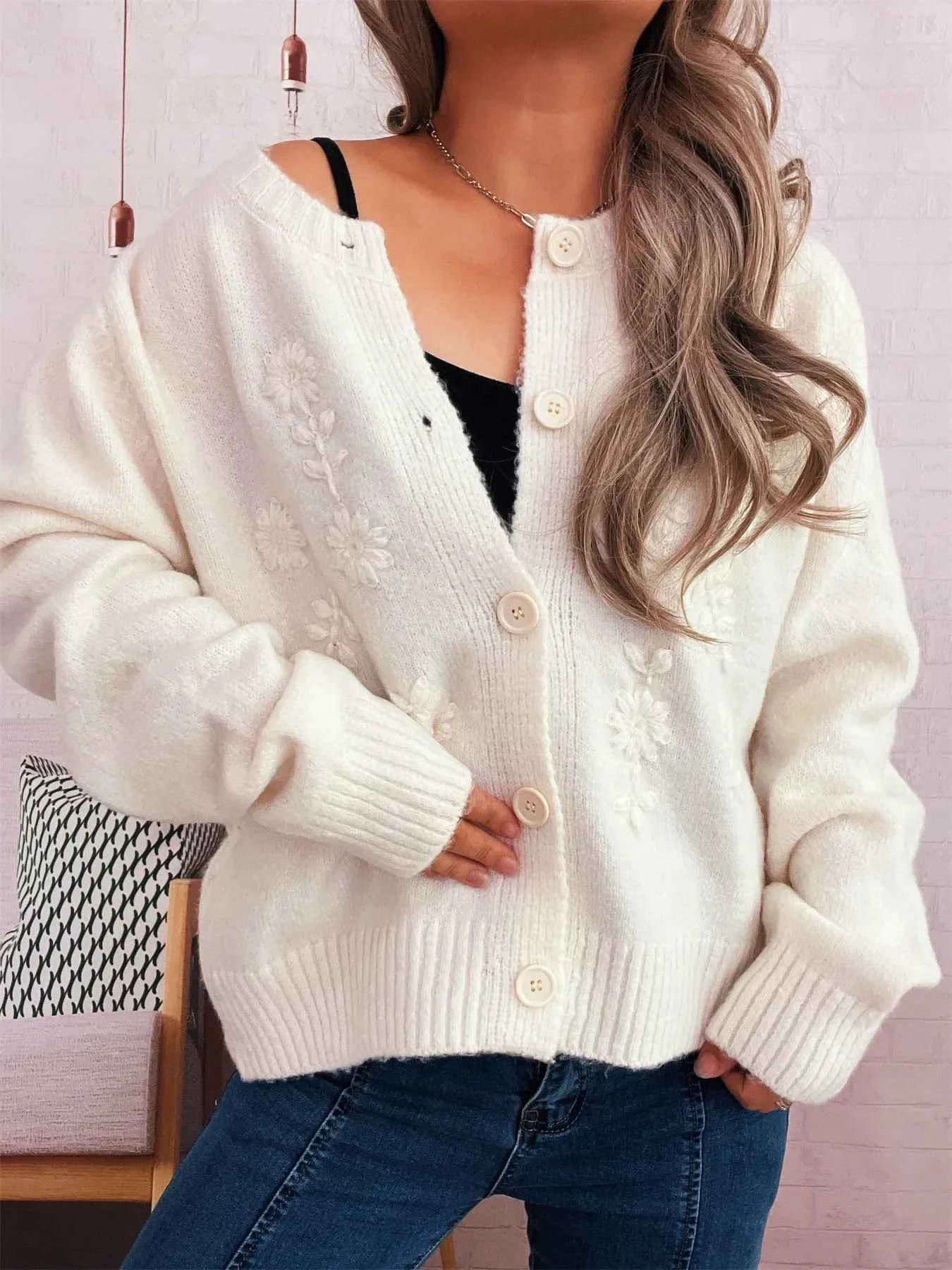 Flower Button Up Ribbed Hem Cardigan White One Size-Regular de32a8aa32dd49429bcfa14f5bd47841-Max-Origin