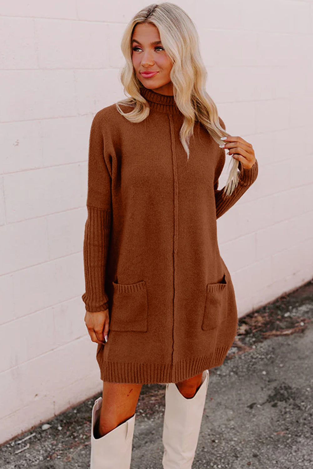 Chestnut Ribbed High Neck Front Pockets Center Seam Shift Sweater Dress de37492486a7915d