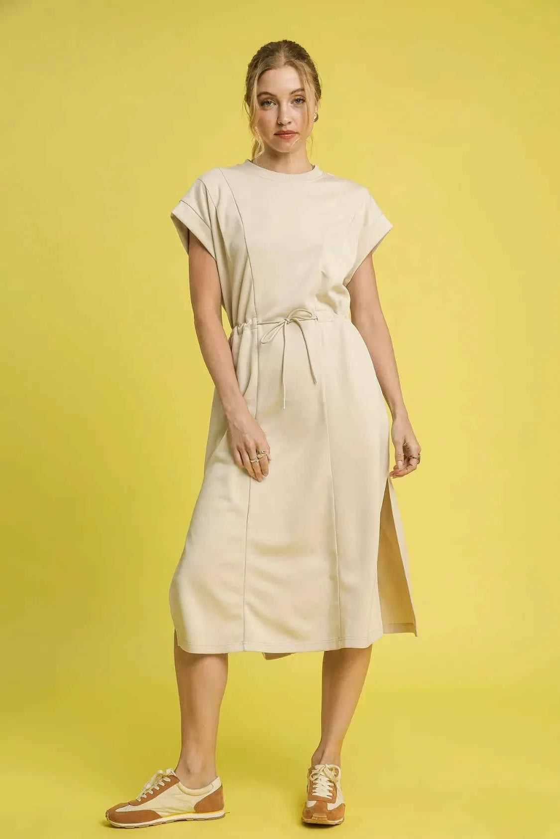Umgee Side Slit Short Sleeve Midi Tee Dress ECRU de3a2119-002a-4784-86e2-302784fbcfe9-Max-Origin
