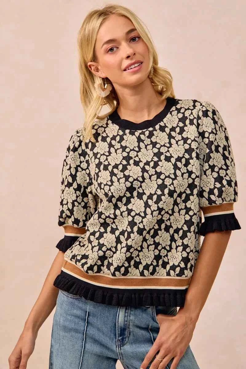 BiBi Textured Rose Knit Top Contrast Banded Puff Sleeve de3faab3-94d1-46be-a7f3-c2229a837699-Max-Origin