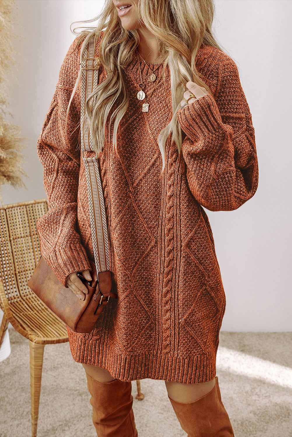 Oatmeal Cable Knit Drop Shoulder Loose Fit Sweater Dress de3fc22de562691e