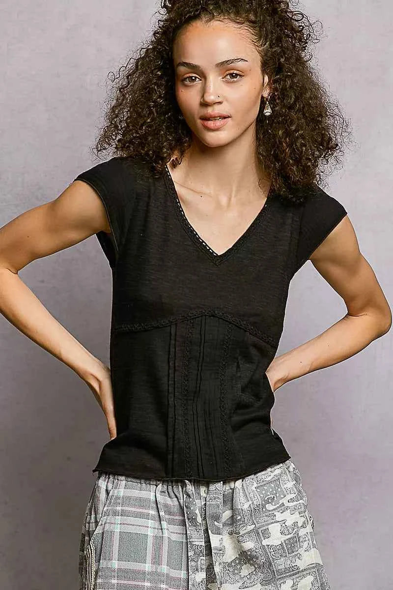 POL V-Neck Lightweight Textured Short Sleeve Knit Top with Lace Trim de459237-14e9-4319-9dbf-932bfa30457e-Max-Origin