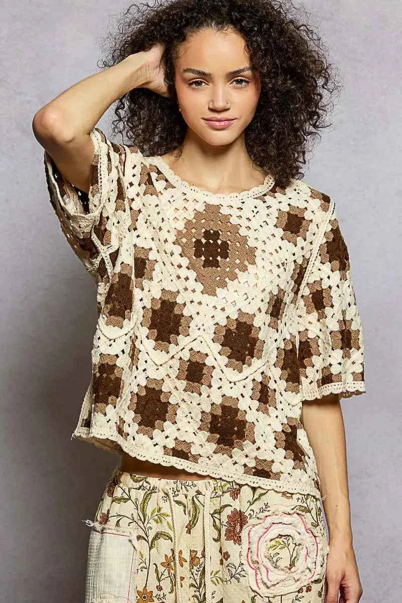 Round Neck Short Sleeve Color Pattern Crochet Top with Border Accents de471a92-0a21-4b7c-940a-625fa2ae6673-Max-Origin