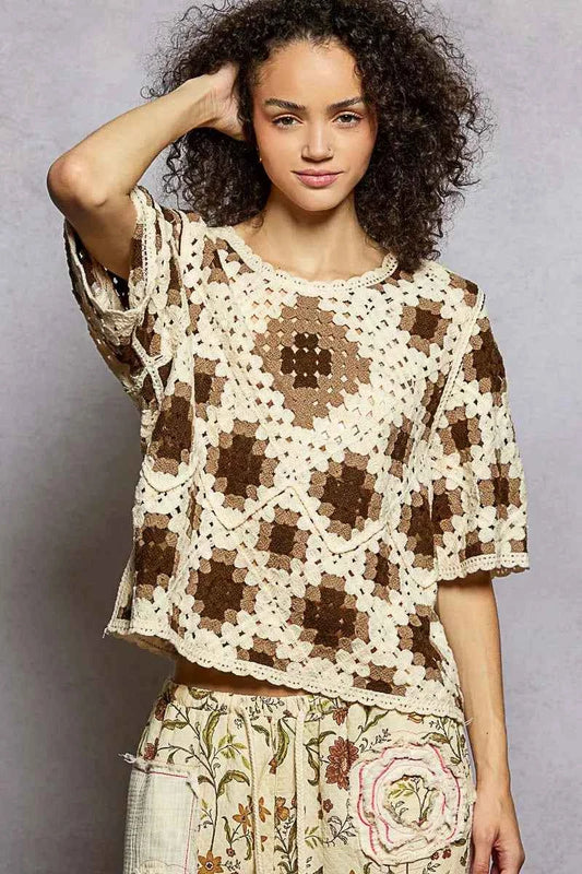 Round Neck Short Sleeve Color Pattern Crochet Top with Border Accents de471a92-0a21-4b7c-940a-625fa2ae6673-Max-Origin