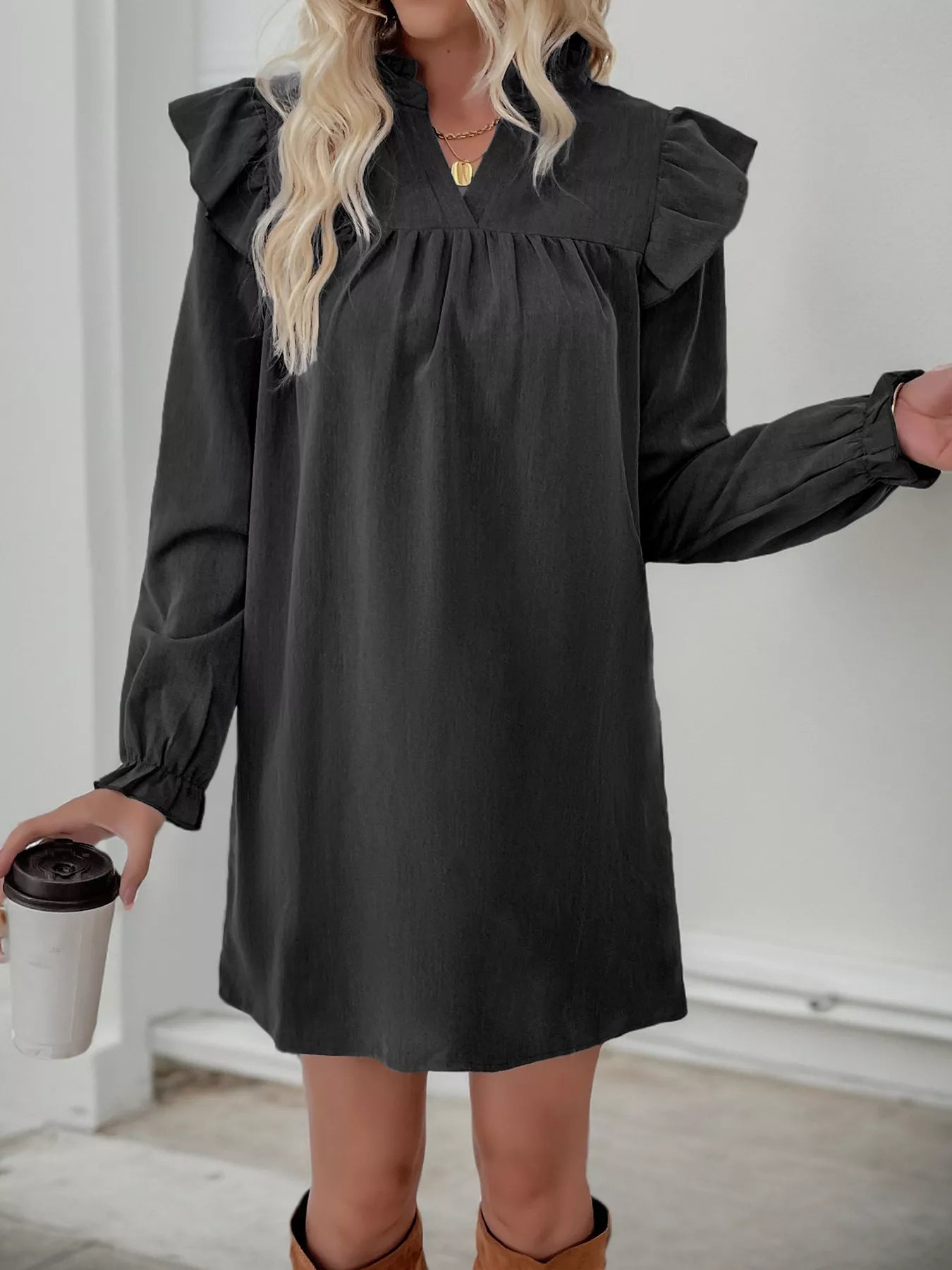 Ruffled Notched Flounce Sleeve Dress de4a9e21-4311-4047-aa51-bff8db52453f-Max-Origin