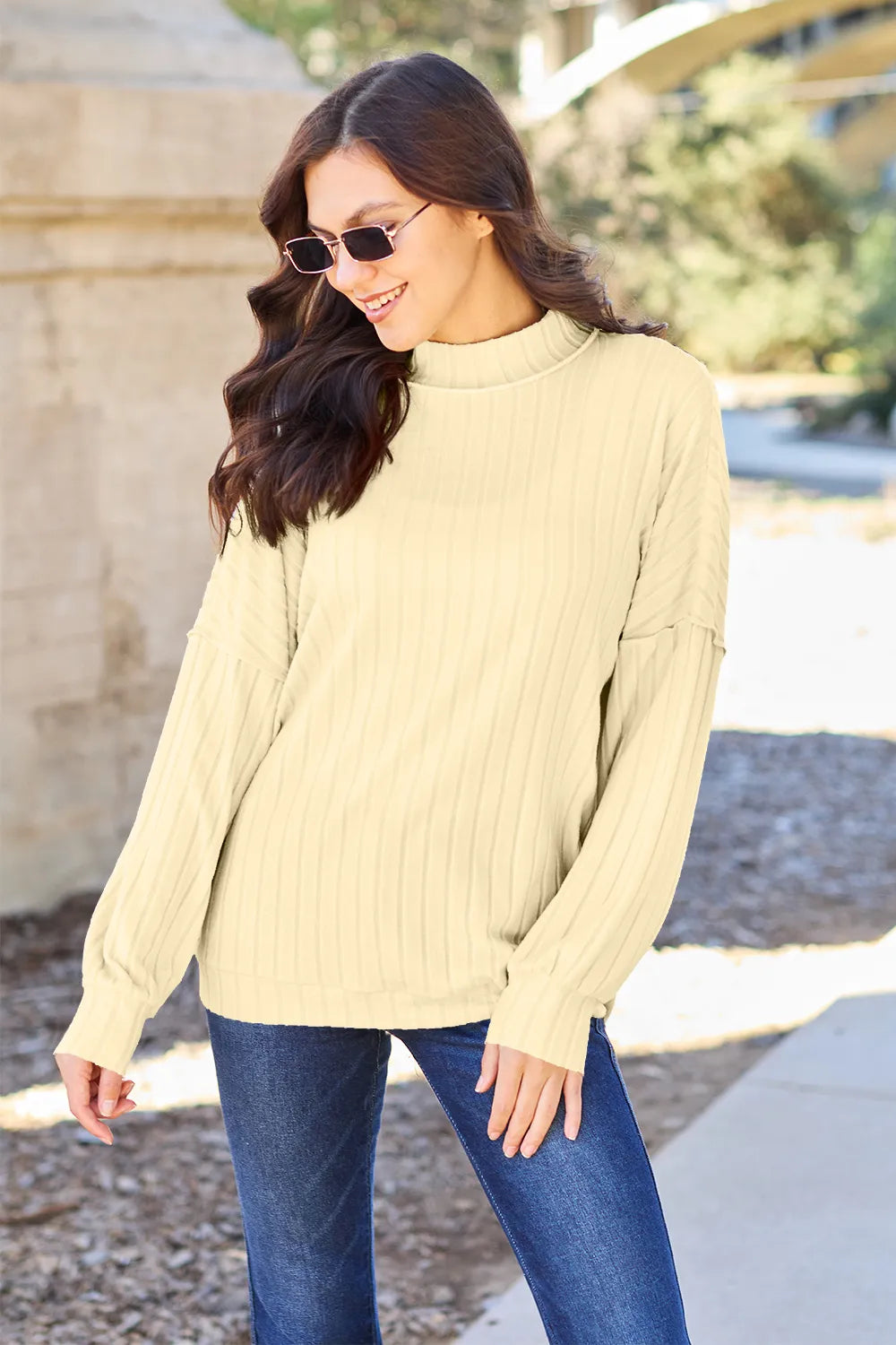 Basic Bae Full Size Ribbed Exposed Seam Mock Neck Knit Top Light Yellow de58949d487a4ef197fae23d1e96b3fe-Max