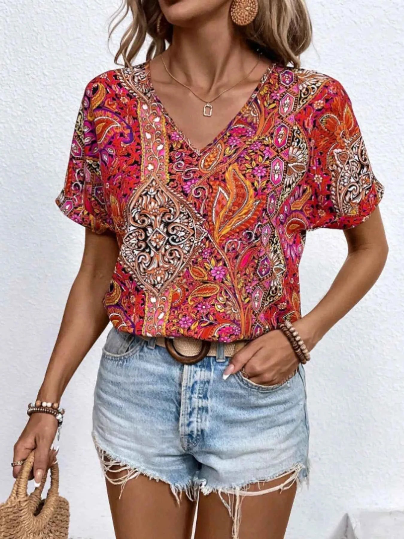 Bohemian Paisley Print V-Neck Short Sleeve T-Shirt