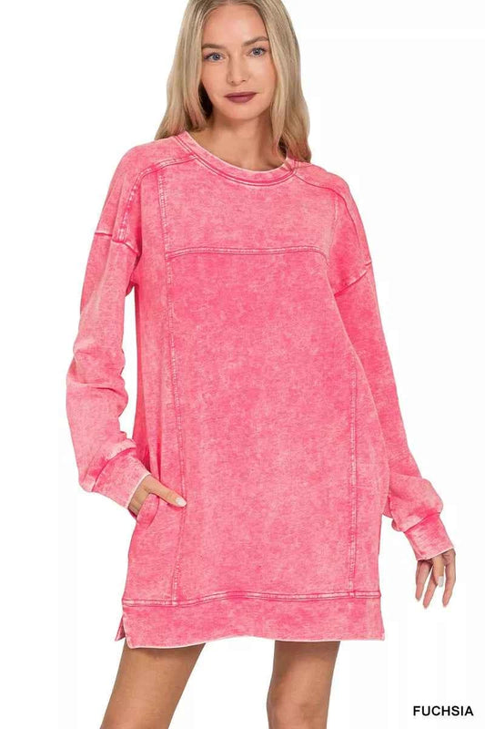 Zenana French Terry Acid Washed Dress with Pockets FUCHSIA de63fdb8fdb74c39abd4aeef26492815-Max-Origin