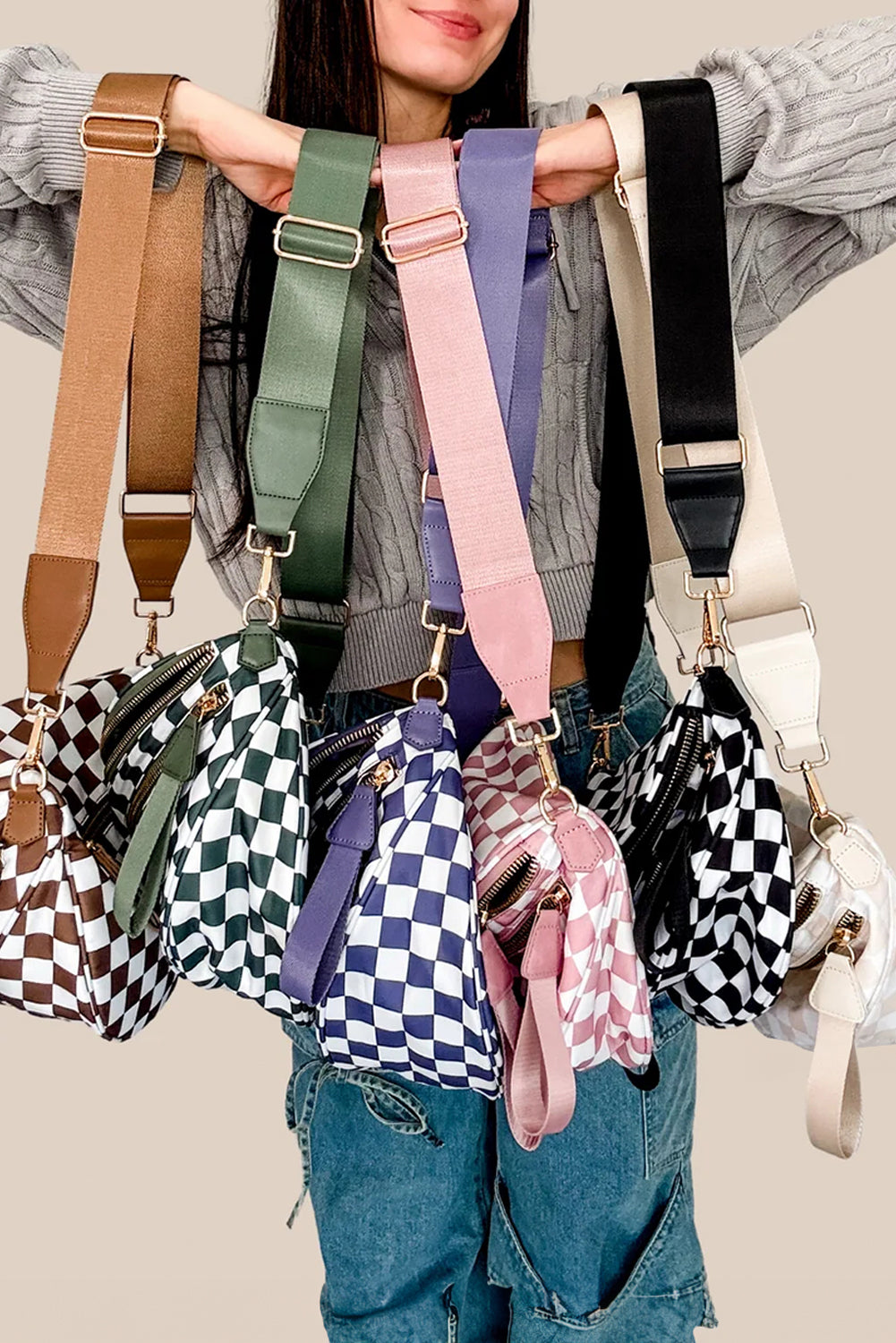 Pink Checkered Print Wide Strap Large Crossbody Bag de681cc44399423a