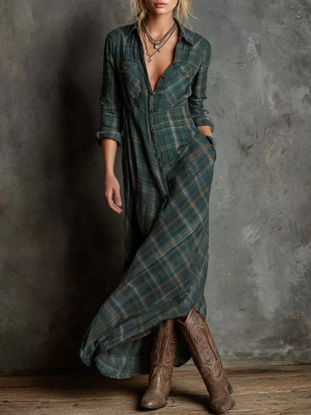 Plaid Button Front Maxi Shirt Dress Green de683332e020499a882dc42aeebdb37a-Max-Origin