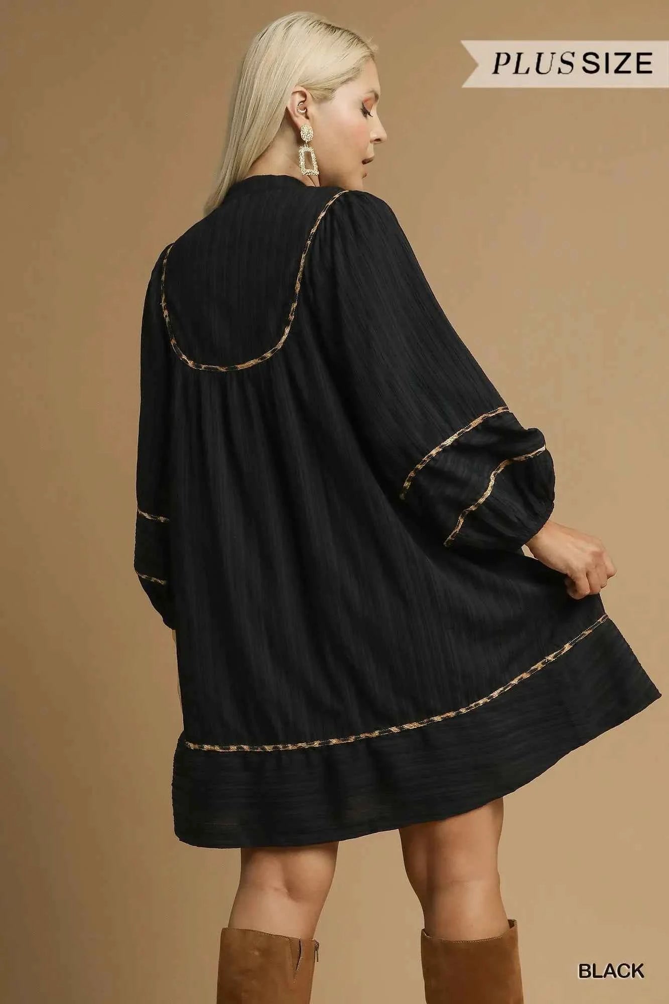 Umgee Full Size Textured Babydoll Dress with Leopard Trim Plus Size de6e1b65-09d7-4b35-89e2-da618979722c-Max-Origin