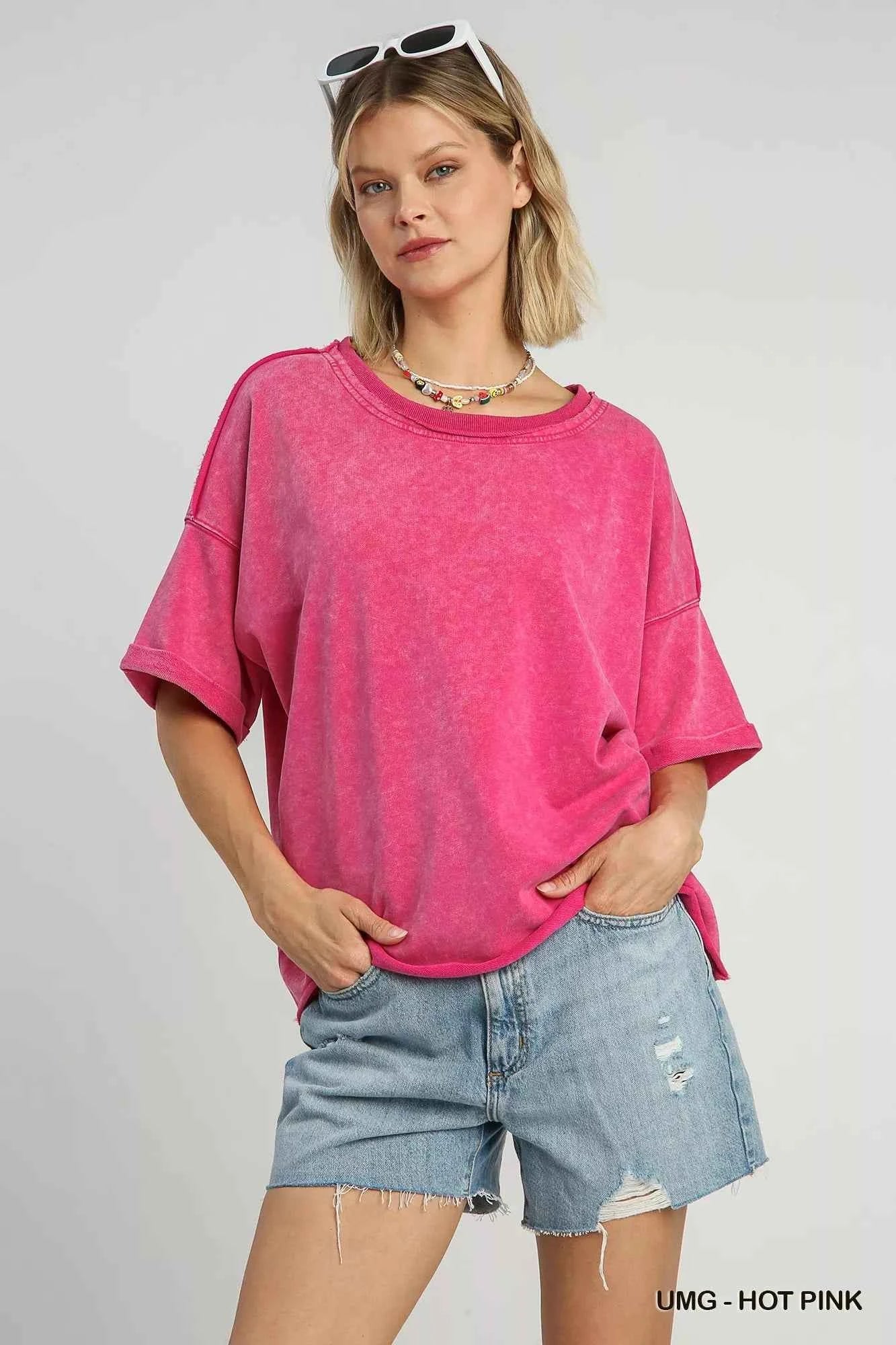 Umgee Mineral Wash Round Neck Top UMG-HOT PINK de6ecb11-2aa6-42fa-abcd-c5907962cab0-Max-Origin