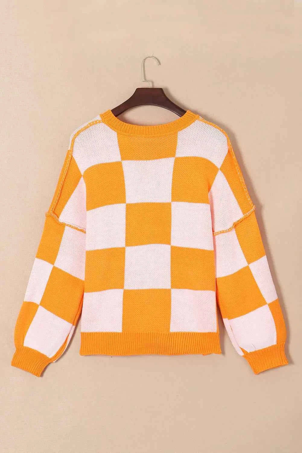 Pumpkin Checkered Round Neck Long Sleeve Sweater de6f00ff-44a5-4d0b-b36d-5bcf1a03d2e9-Max