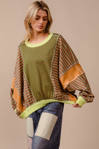 BiBi Color Block Striped Round Neck Sweatshirt