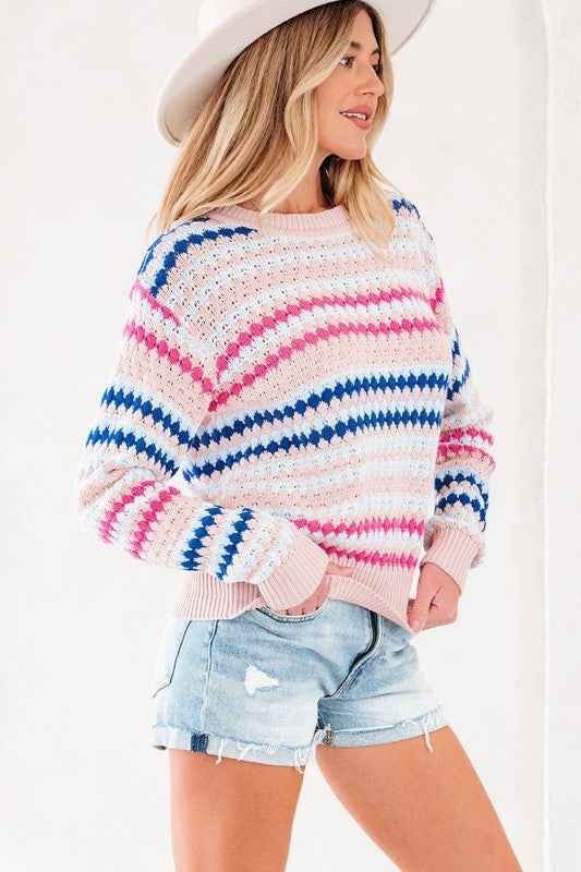 Stripe Eyelet Knit Drop Shoulder Sweater de742148-707b-4e50-a29c-bd19b1e7c4fc