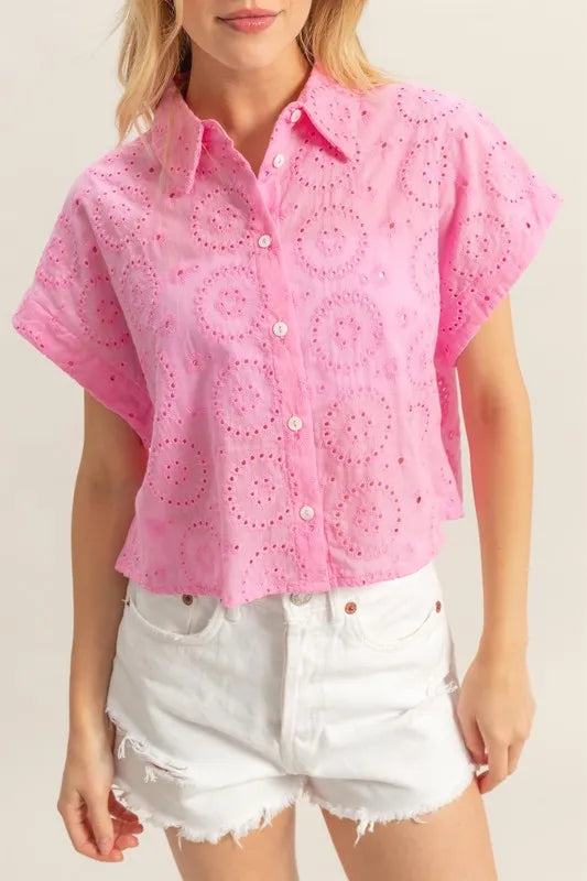 HYFVE Lightweight Eyelet Button Down Short Sleeve Shirt de80d1e1-a746-4929-b99e-61a7d403c822-Max