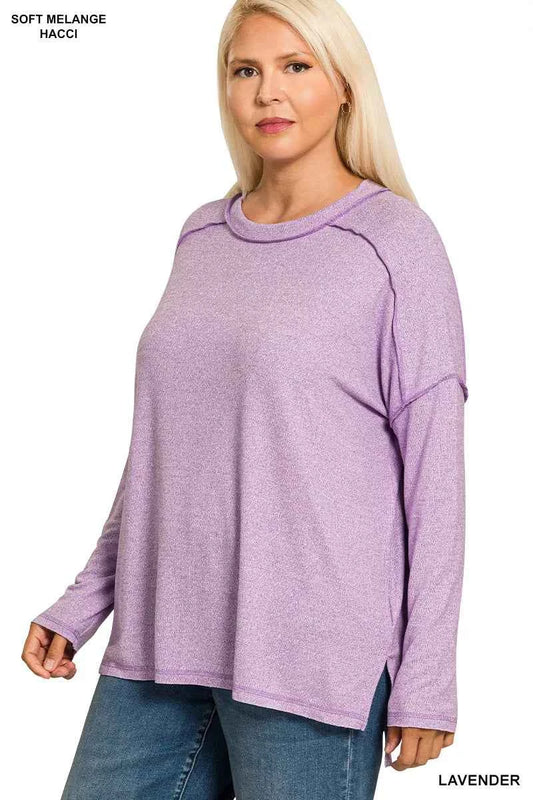 Full Size Melange Hacci Exposed Seam Hi-low Tee Plus Size de821db6-b2b5-4be5-84ce-b76ac155031a-Max-Origin