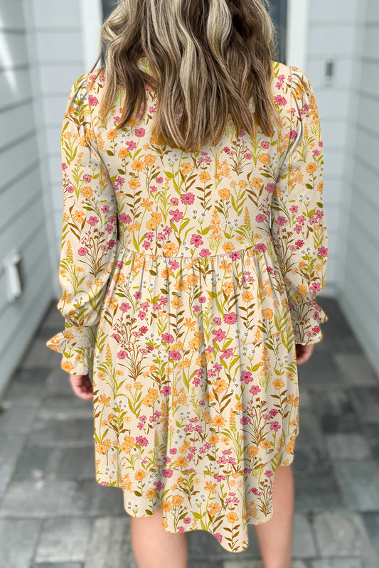 Yellow Floral Print Frilly Trim Smocked Cuff Long Sleeve Loose Shirt Dress de846ac13d830597