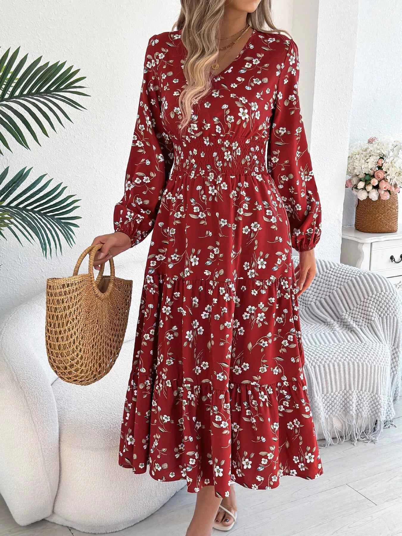 Floral Print Long Sleeve V-Neck Midi Dress de87ffb8d1e8445dbbfc30ddf48e830d-Max-Origin