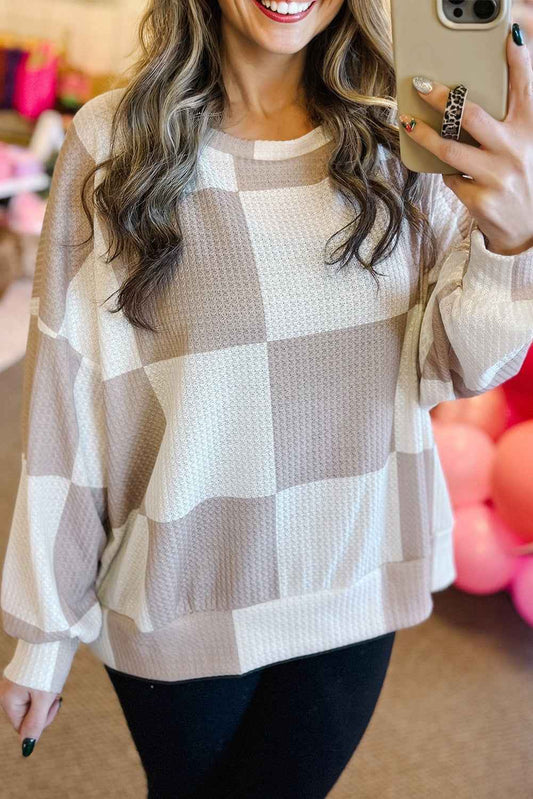 Khaki Breathable Textured Checkered Long Sleeve Top de8975d6ae567c30