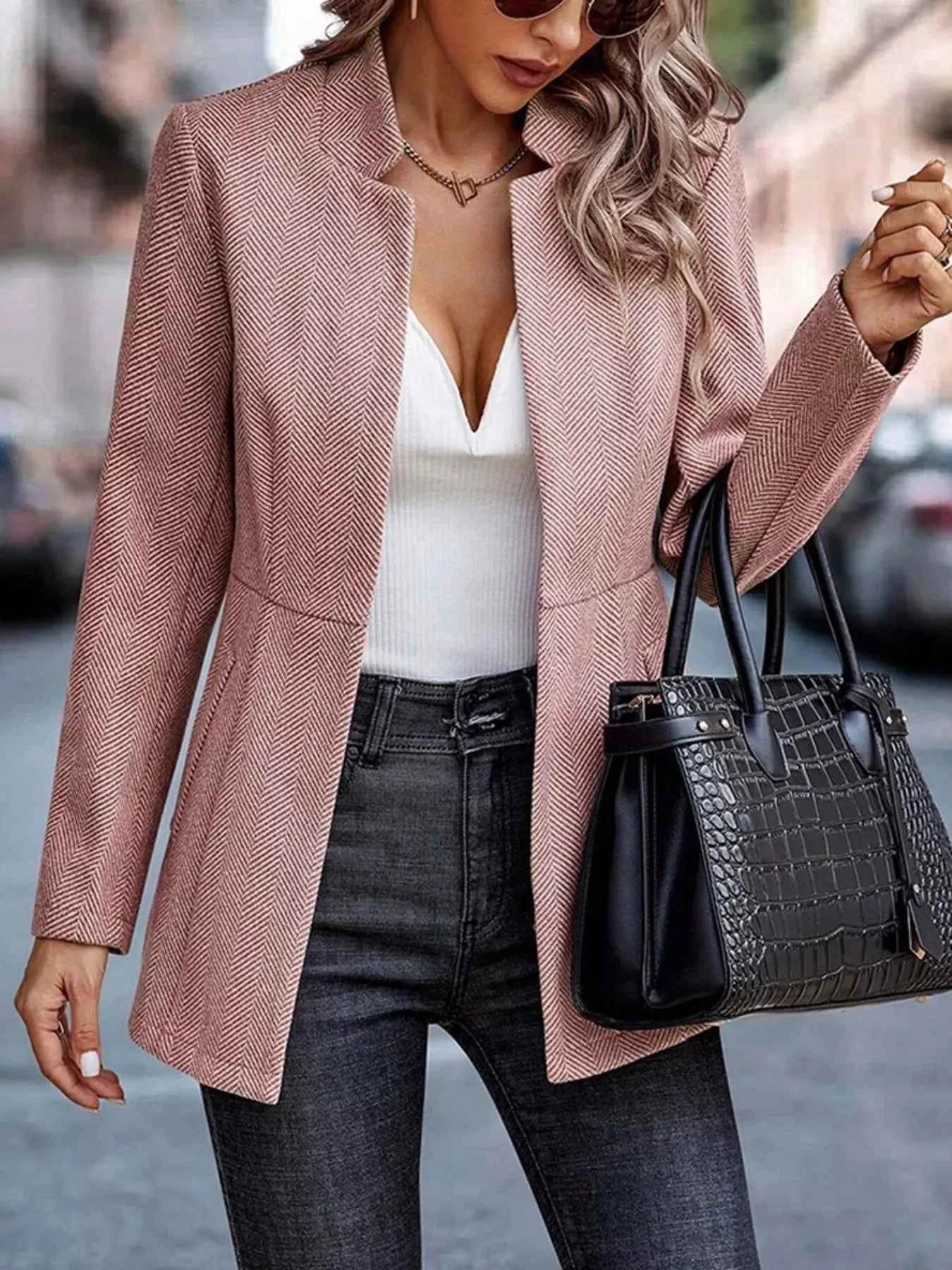 Open Front Long Sleeve Blazer Pink de9a2247a4d448fb965fb29cd3e9a36c-Max-Origin