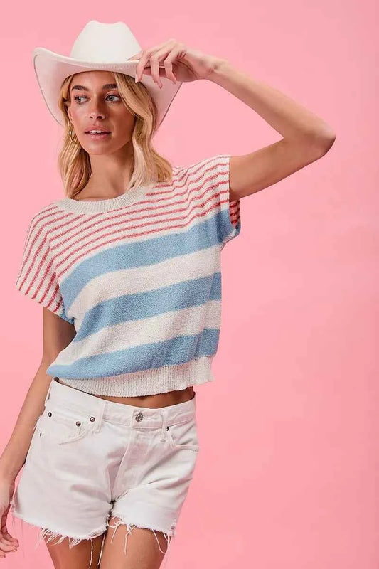 BiBi Stripes Lightweight Short Sleeve Sweater de9a513fbdf7453788b8624e40543675-Max-Origin