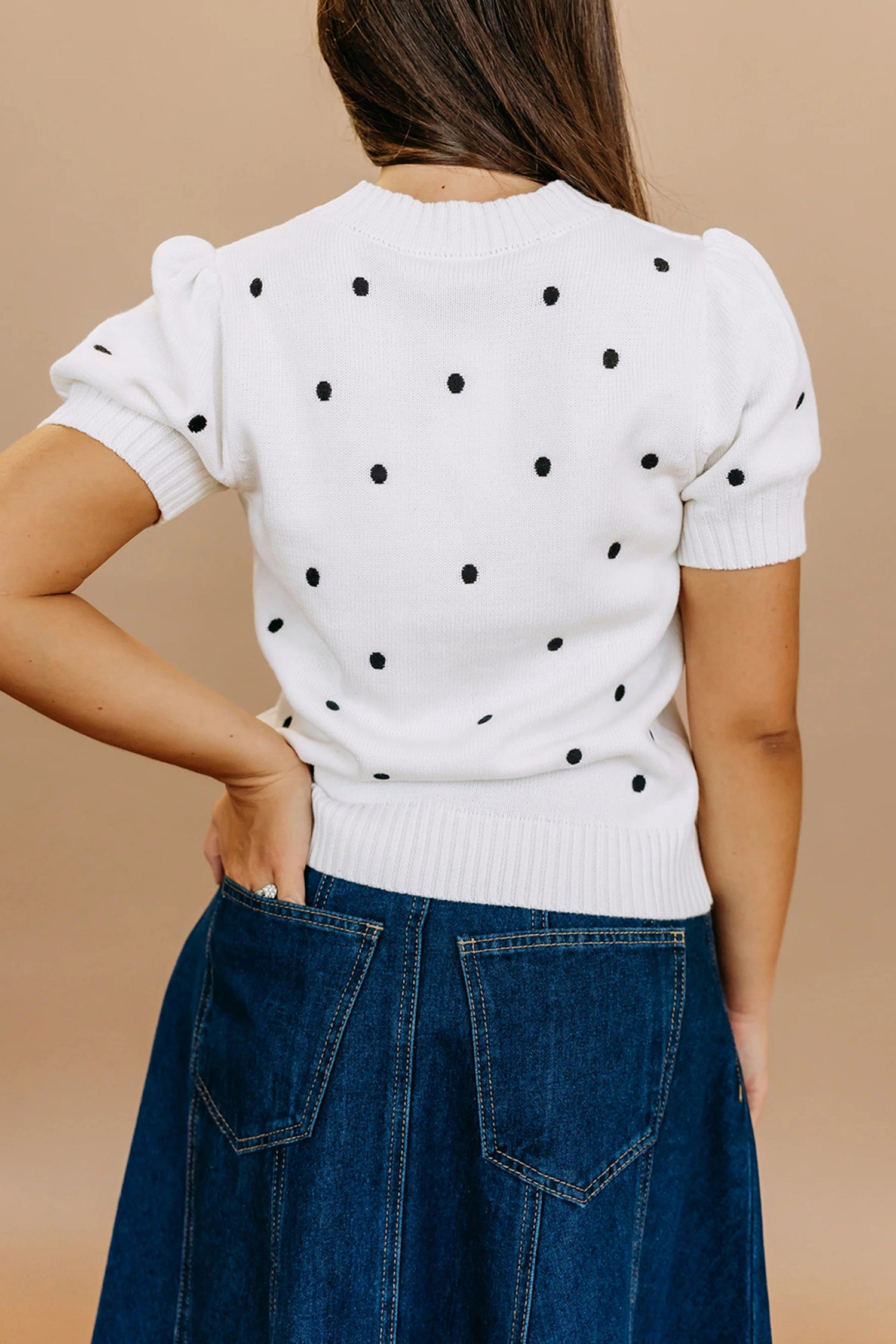 White Elegant Polka Dot Bubble Short Sleeve Sweater de9bc27df0302cfb