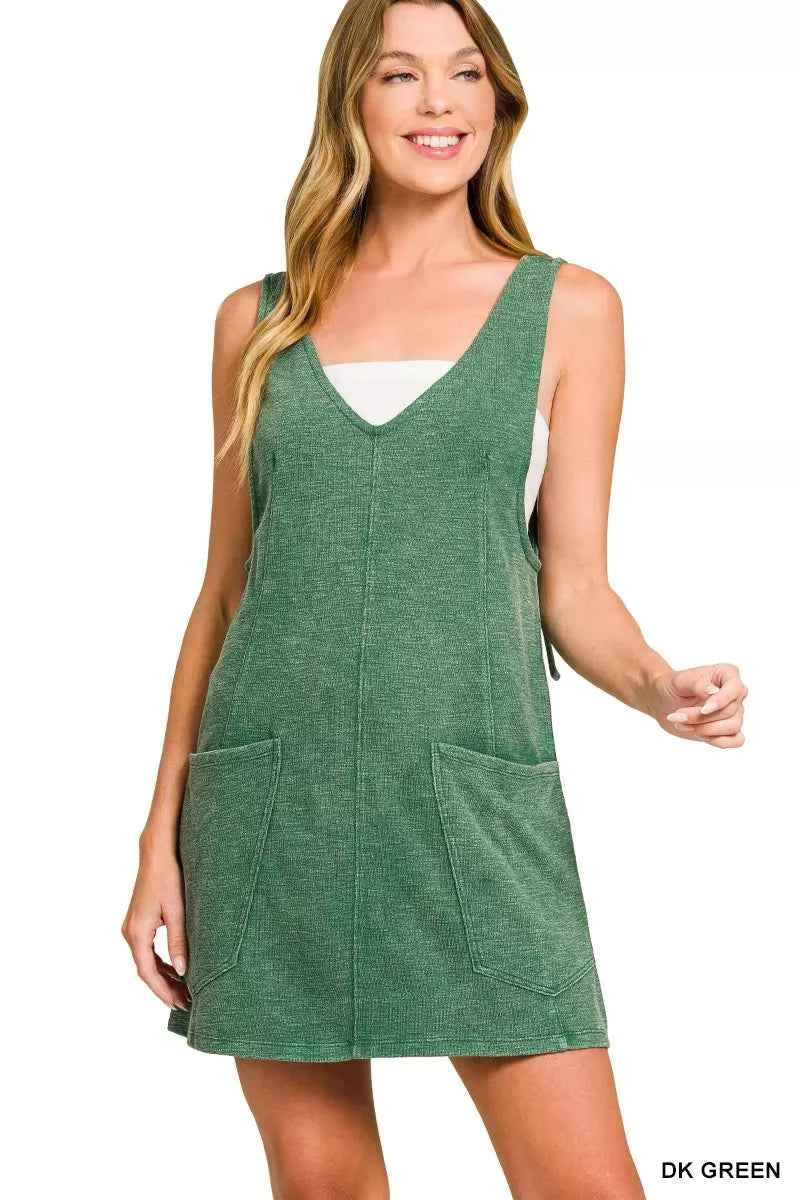 Zenana Washed Slub Adjustable Strap Overall Dress DK GREEN de9ee6592af44450ae761545b11149d1-Max-Origin