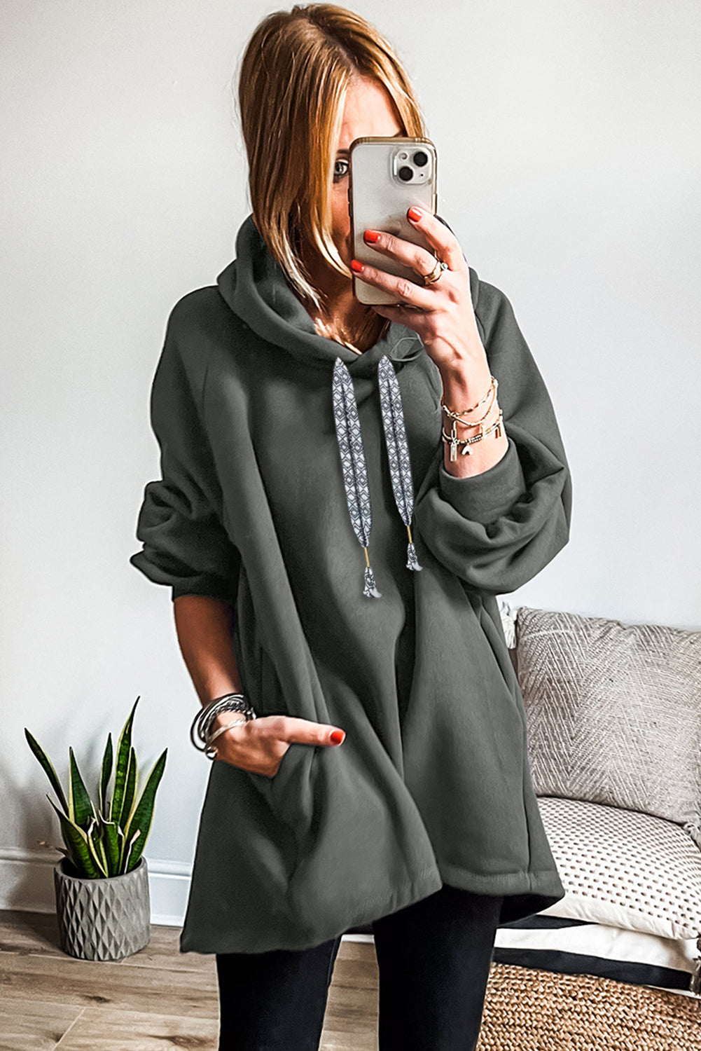 Raglan Sleeve Drawstring Hooded Tunic Sweatshirt dea40ed2de23c701