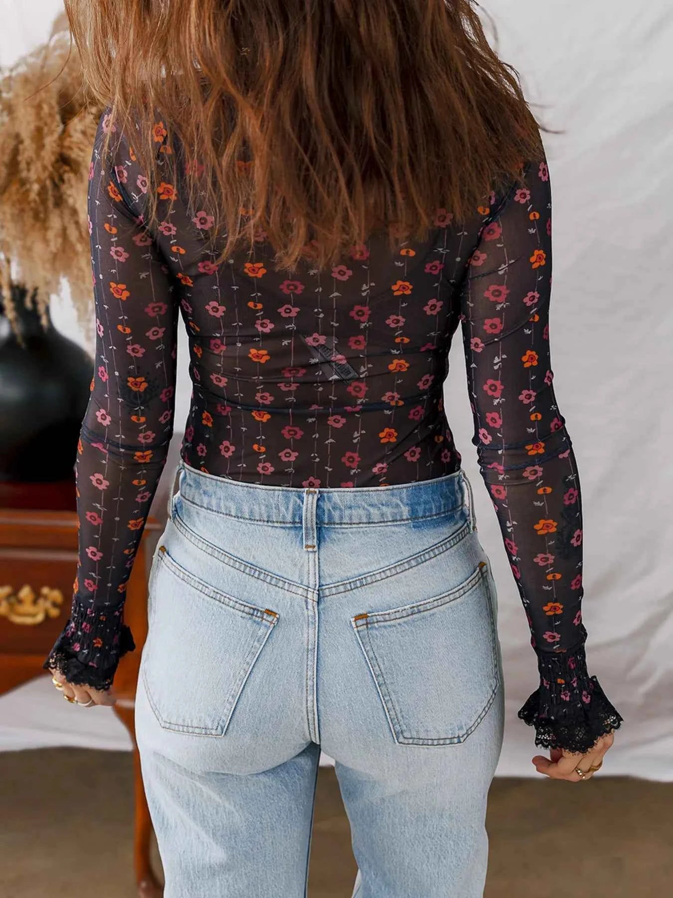 Floral Print Smocked Cuff Slim Fit Mesh Bodysuit dea56d0a2b9a41eca538af87cb9c9d5b-Max-Origin