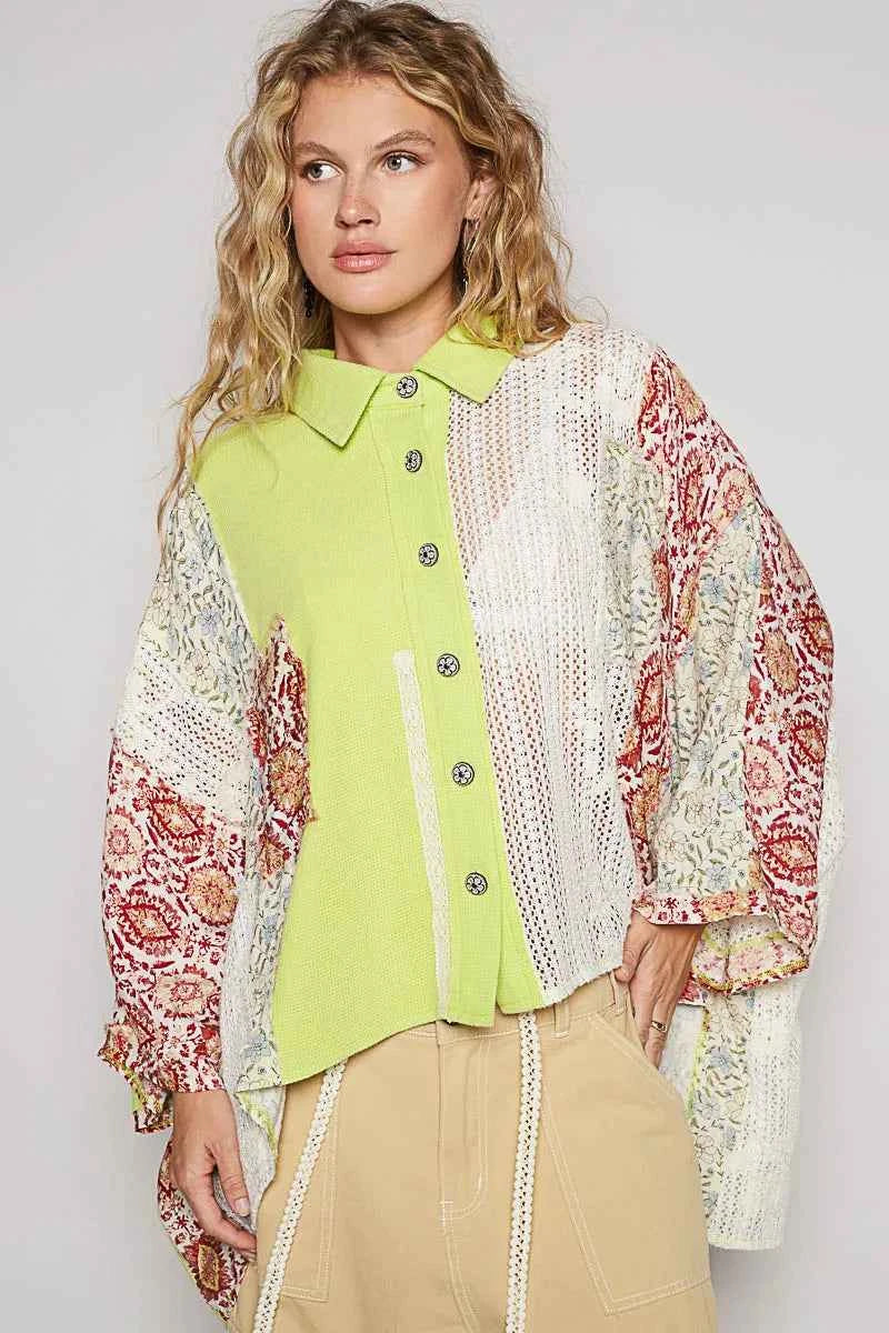 POL Thermal and Crochet Lace Mix Shirt with Floral Pattern