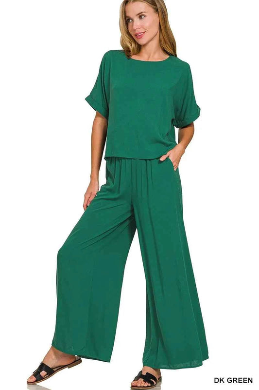 Round Neck T-Shirt and Wide Leg Pants Set DK GREEN dea8937adc374a8b8e975b12a7da6a0e-Max-Origin