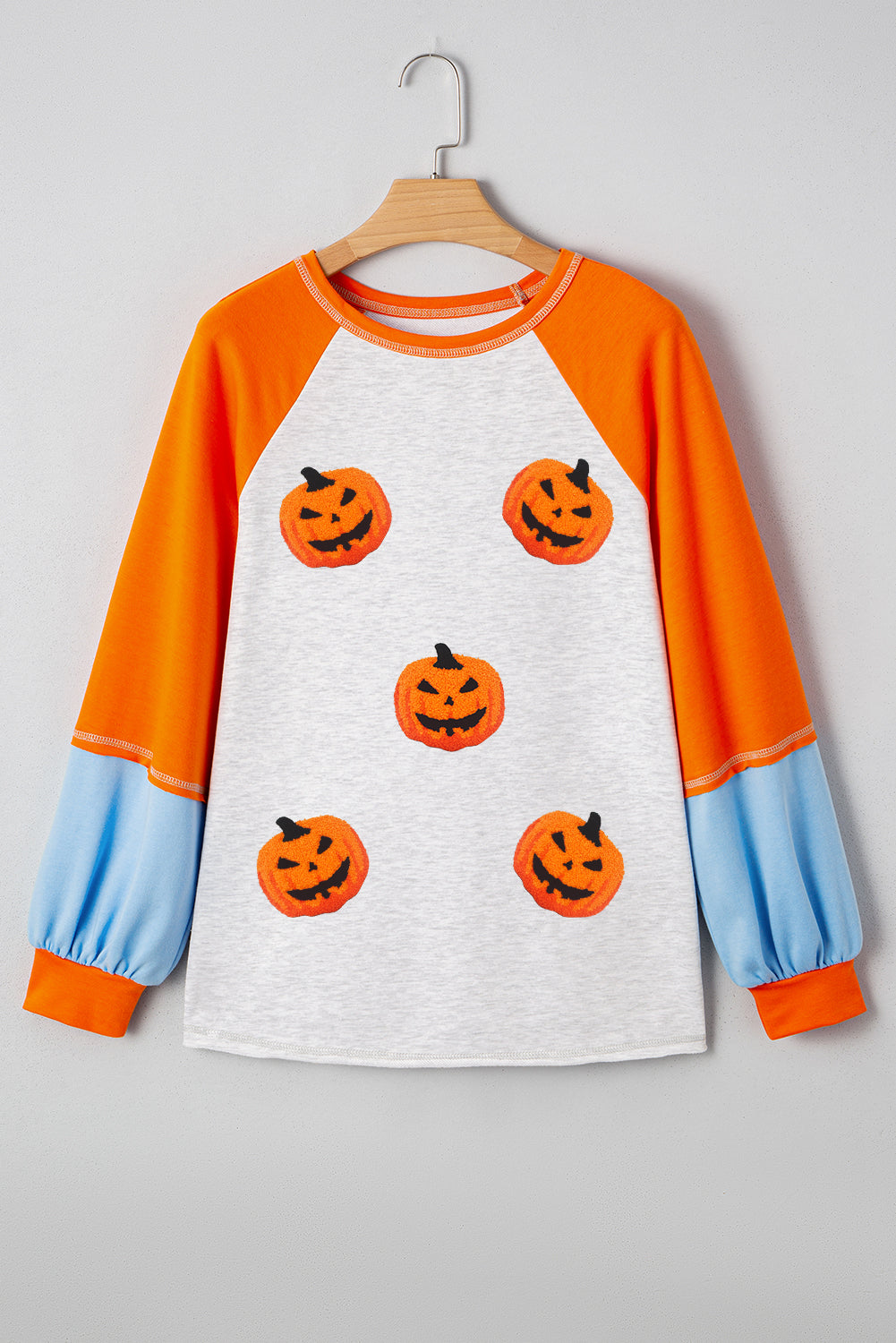 Light Grey Chenille Halloween Pumpkin Terry Flocking Long Sleeve Top deaca82e6b036c04