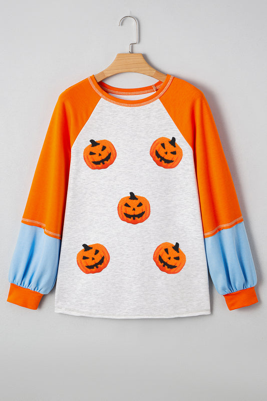 Light Grey Chenille Halloween Pumpkin Terry Flocking Long Sleeve Top deaca82e6b036c04