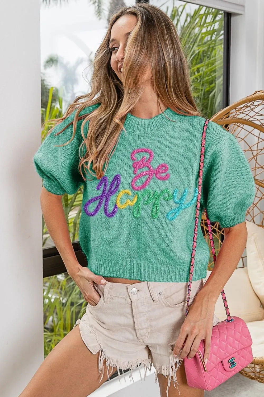 BiBi Metallic Letter Short Puff Sleeve Hairy Sweater JADE deaf269a-e9d0-45f5-9fa9-3e8268784f60-Max-Origin