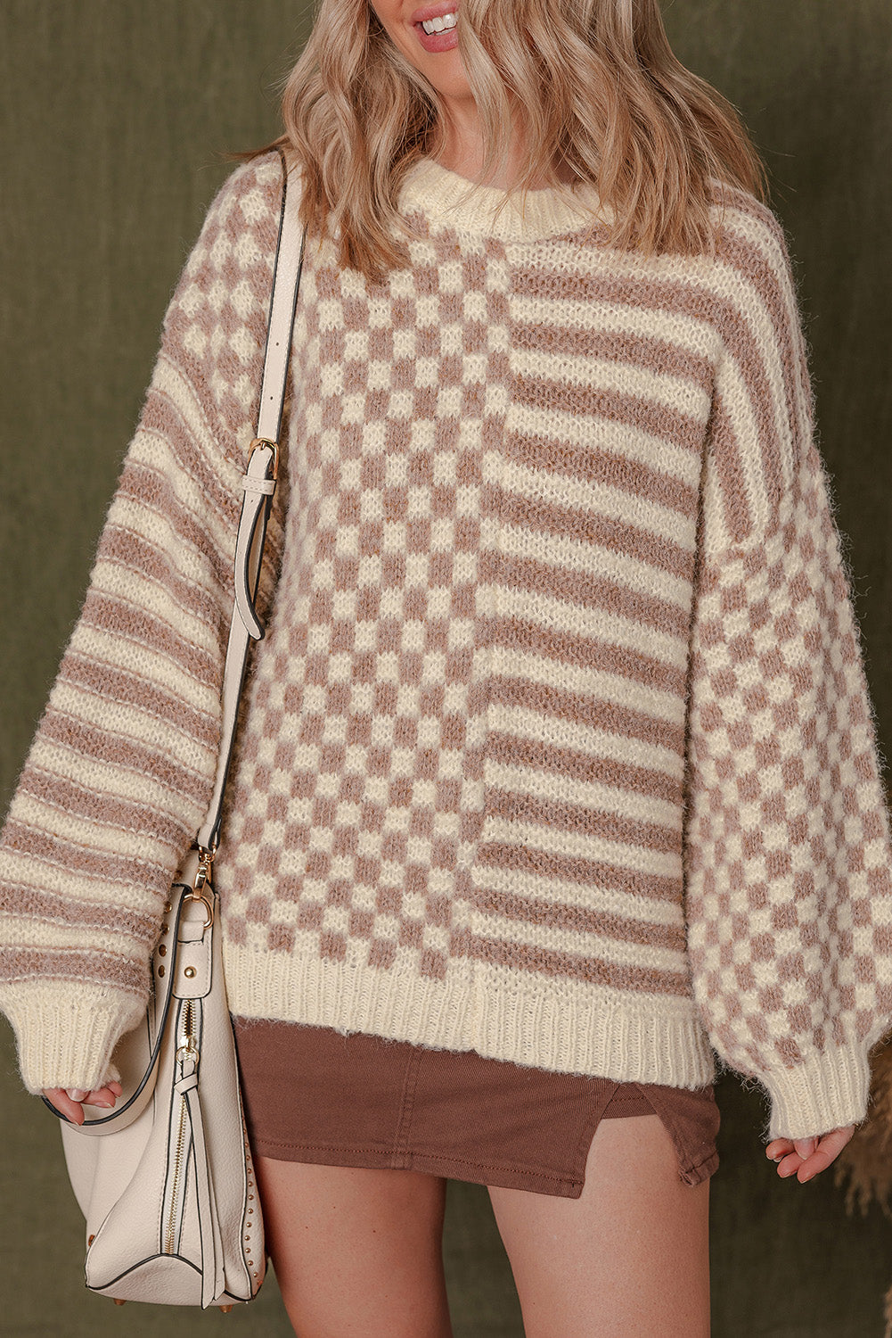Khaki Stripe Checkerboard Drop Shoulder Balloon Sleeve Sweater deafa3b69210164f